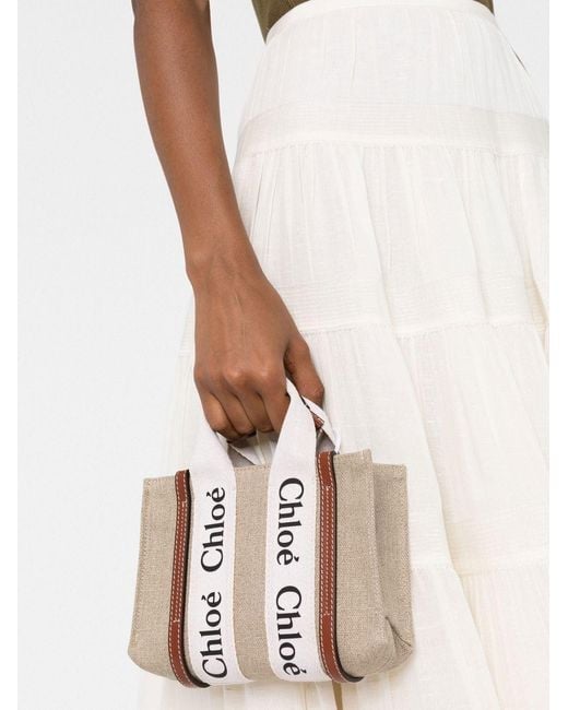 Chloé White Woody Mini Linen Tote