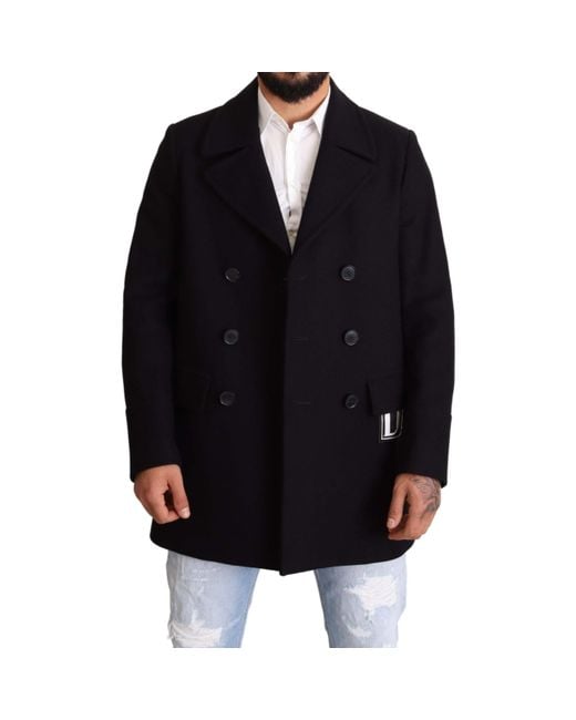 Dolce & Gabbana Blue Wool Blend Pea Coat Dg Logo Jacket for Men Lyst UK