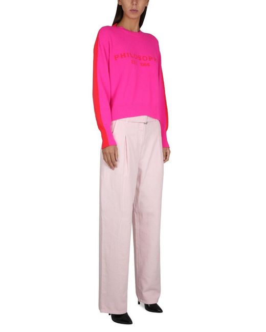 Philosophy Di Lorenzo Serafini Pink Relaxed High-Waisted Denim Pants With Pleats