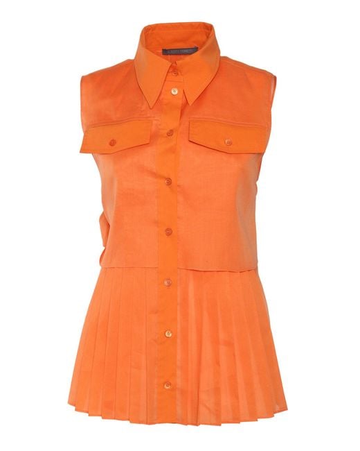 Alberta Ferretti Orange Pleated Cotton Top With Bow Detail