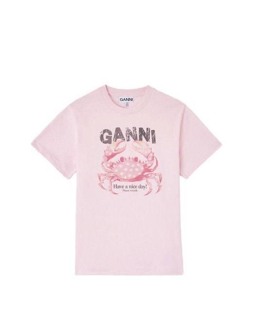 Ganni Pink Printed Cotton T-Shirt