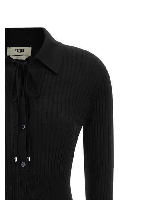 Fendi Black Ribbed Wool Knit Midi Dress