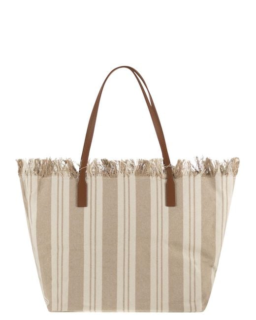 Mc2 Saint Barth Natural City Shopper Bag With Stripes And Embroidered Logo