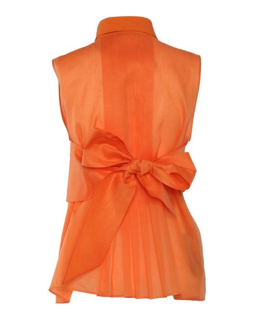 Alberta Ferretti Orange Pleated Cotton Top With Bow Detail