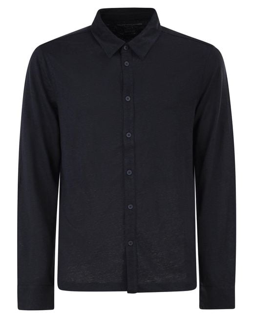 Majestic Blue Stretch Linen Shirt With Front Button Fastening