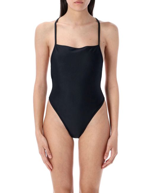 MARINE SERRE Blue One-Piece Swimwear With Crisscross Back Detail