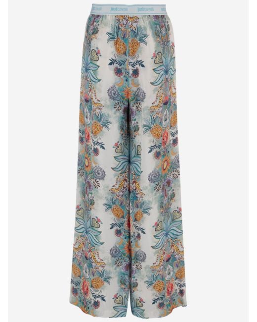 Just Cavalli Blue Viscose Trousers With Floral Print