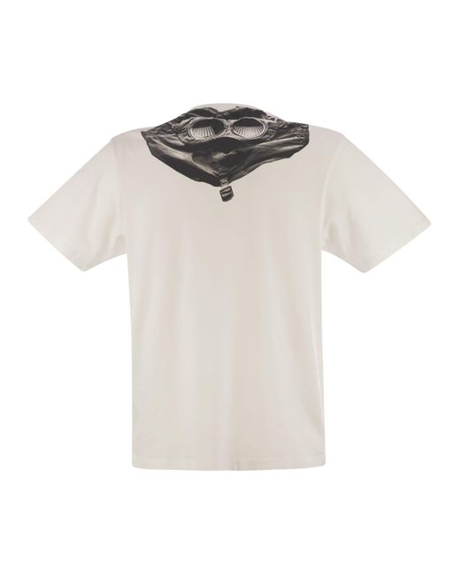 C P Company White Cotton T-Shirt With Print On The Back for men