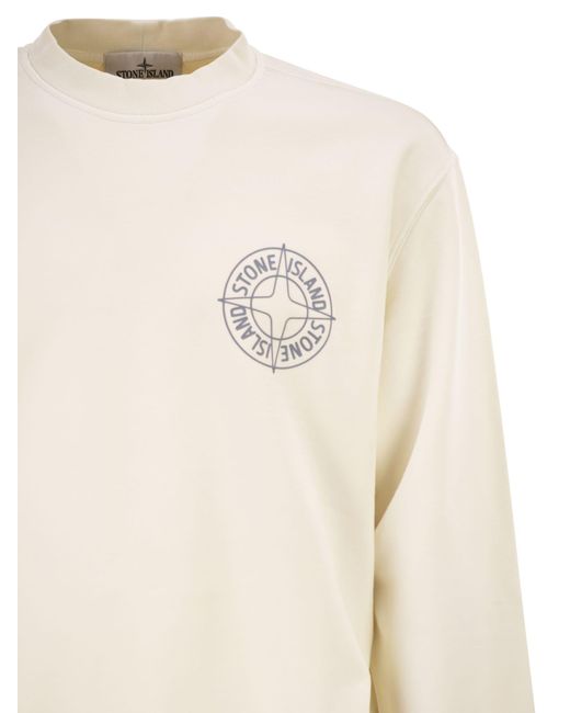 Stone Island White Oversized Crew Neck Sweatshirt With €Œoutline Compass†Print for men