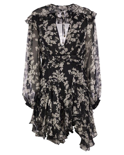Elisabetta Franchi Black Printed Silk Voile Dress With Ruffles
