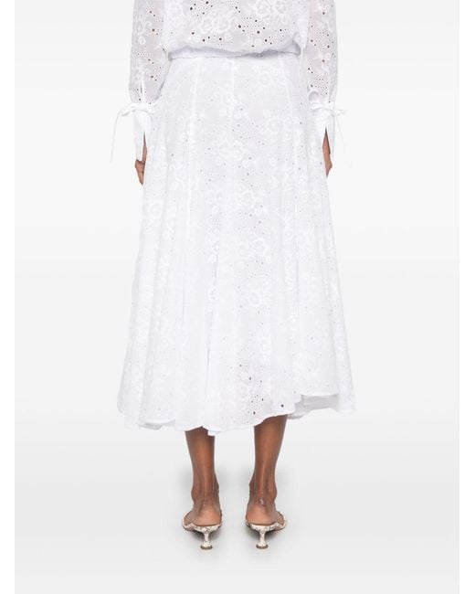 Tory Burch White Broderie Anglaise Midi Skirt With Drawstring Waist