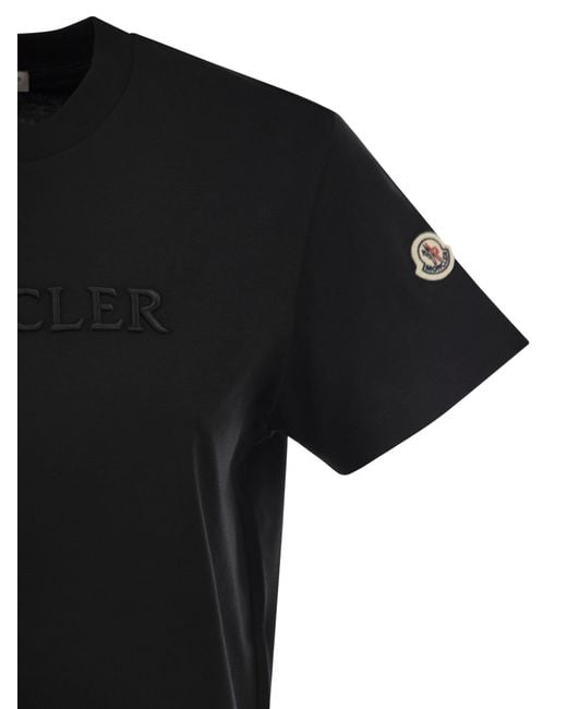Moncler Black Cotton T Shirt With Tone On Tone Embroidered Logo
