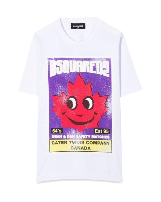 DSquared² White Front Logo And Leaf Print T Shirt