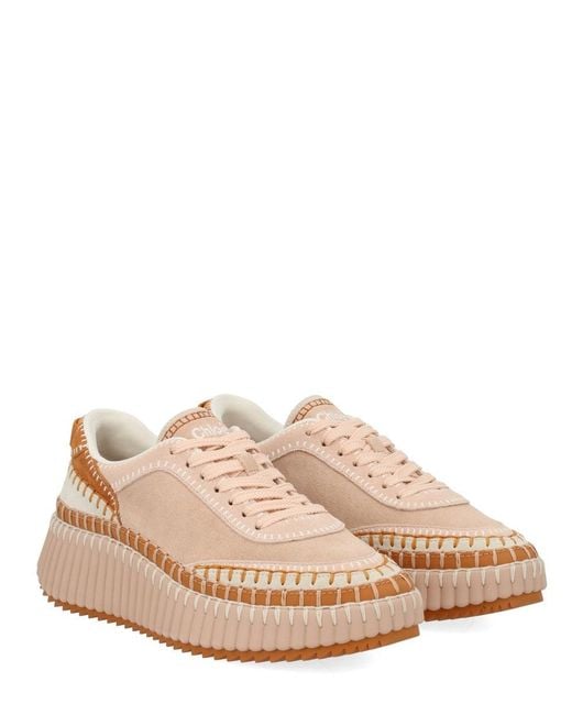 Chloé Pink Nama Embroidered Leather-Trimmed Suede Platform Sneakers