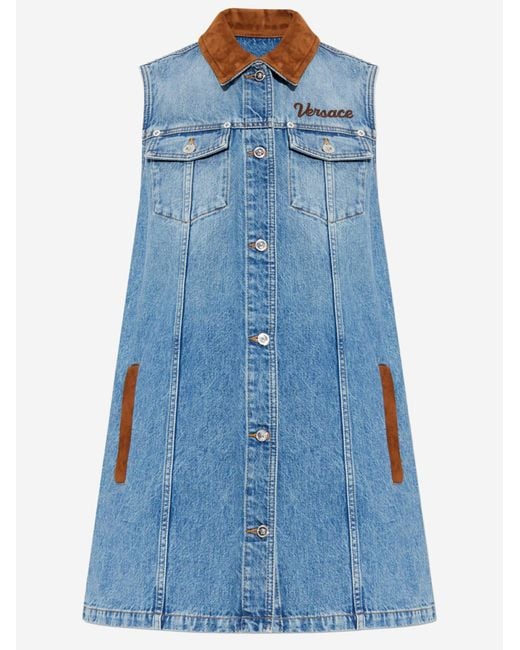 Versace Blue Cotton Dress With Logo