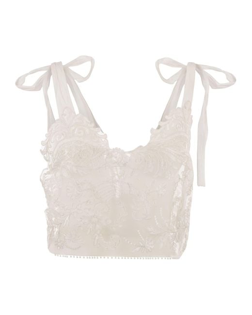 Maurizio Mykonos White Embroidered Top With Tie Shoulder Straps And Floral Detailing