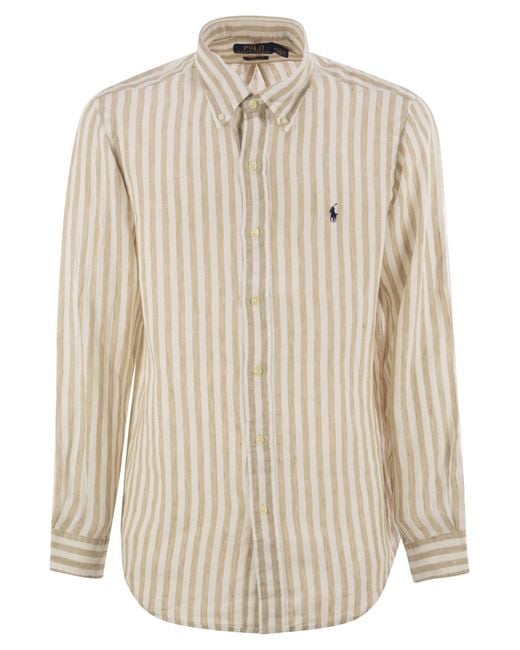 Polo Ralph Lauren Custom Fit Gestreepd Linnen Shirt in het Natural voor heren