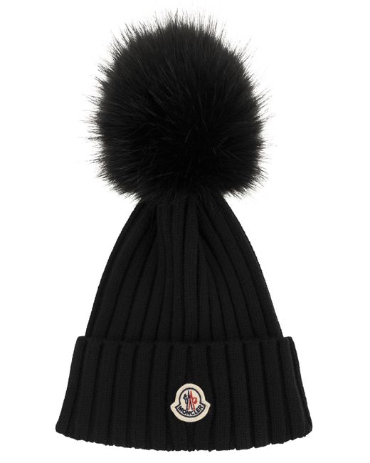 Moncler Black Wollkappe mit synthetischer Pompom