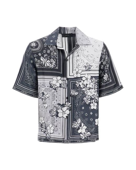 Amiri Gray Silk Bandana Print Cuban Shirt for men