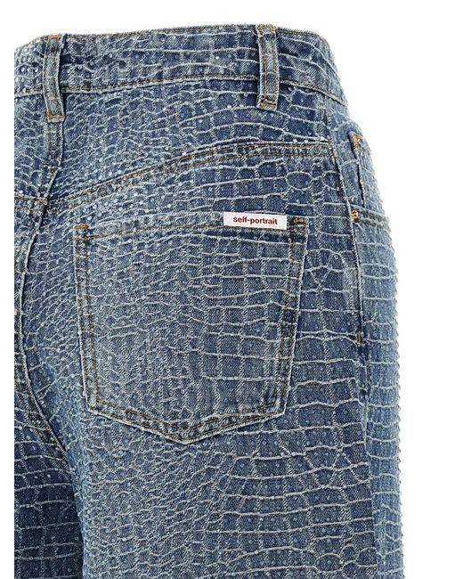 Self-Portrait Blue Rhinestone Croc Effect Wide Leg Jeans