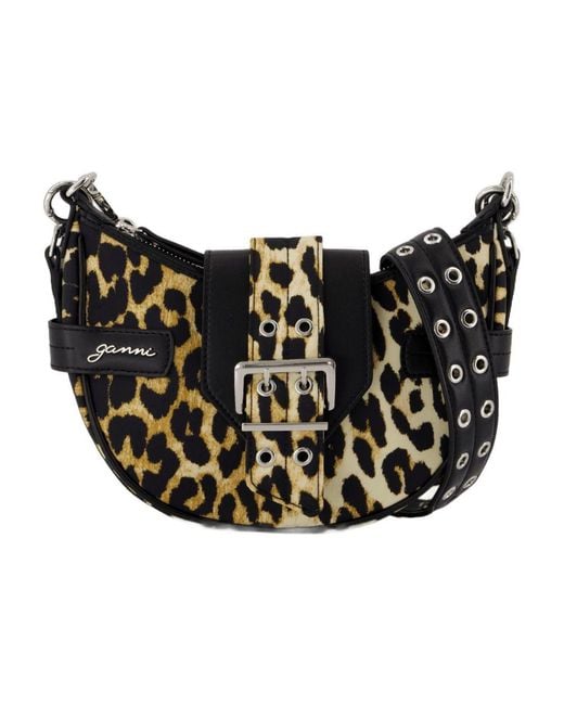 Ganni Bucky Small Crossbody Nylon Leopard in het Black