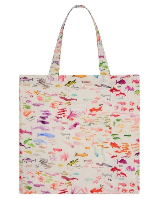 Vilebrequin Pink Linen Tote Bag With Marine Print