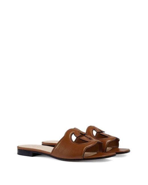 Gucci Brown Interlocking G Cut-out Leather Sliders