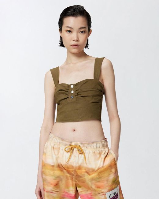 Pinko Green Cropped Linen Blend Top
