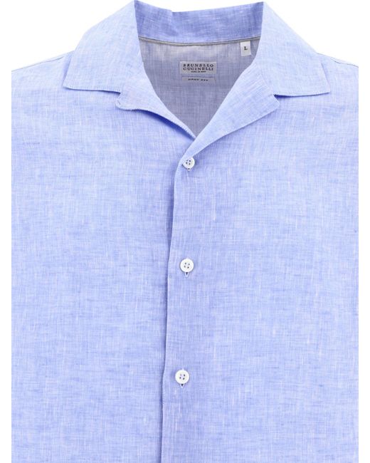 Camicia di lino Chambray di di Brunello Cucinelli in Blue da Uomo