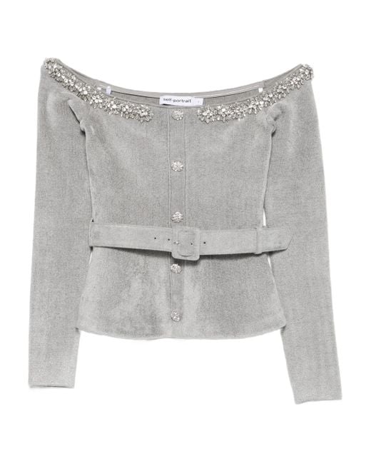 Self-Portrait Gray Chenille Knit Crystal Trim Top