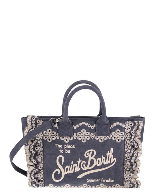 Mc2 Saint Barth Blue Cotton Canvas Tote Bag With Floral Embroidery And Ruffles