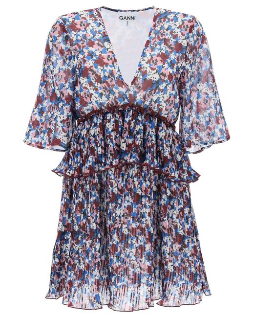 Ganni Geplooide Mini -jurk Met Bloemenmotief in het Blue
