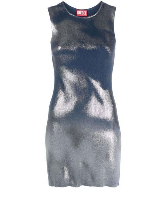 DIESEL Blue Short Knit Dress With Metallic Effects