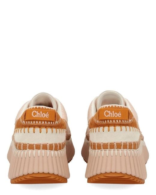 Chloé Pink Nama Embroidered Leather-Trimmed Suede Platform Sneakers