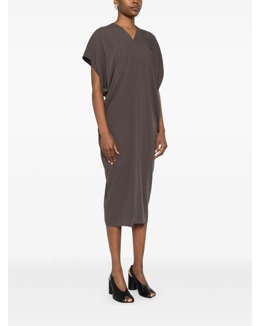 MM6 by Maison Margiela Gray Draped Midi Dress With V-Neckline
