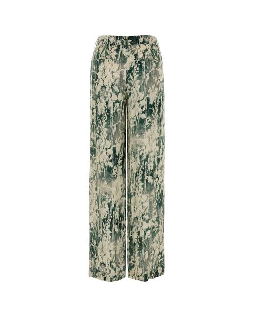 PT Torino Green Printed Satin Lorenza Wide-Leg Pant