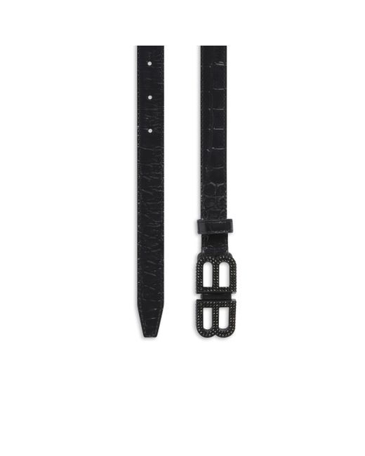 Balenciaga Black Bb Hourglass Schmaler Gürtel Krokodilprägung Mit Strassteinen
