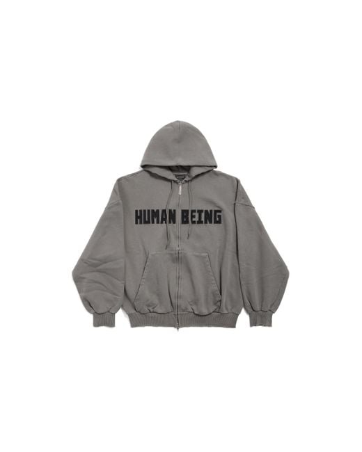 Balenciaga Gray Human Being Appliqué Shifted Zip-Up Hoodie for men