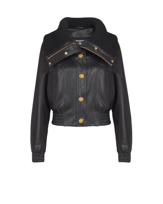 Balmain Black Lambskin And Knit Bomber Jacket