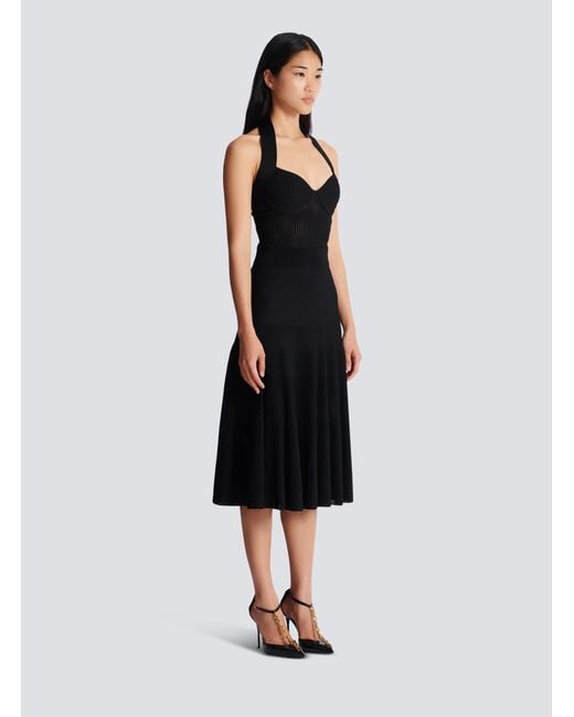 Balmain Black Halterneck Pleated Knit Midi Dress