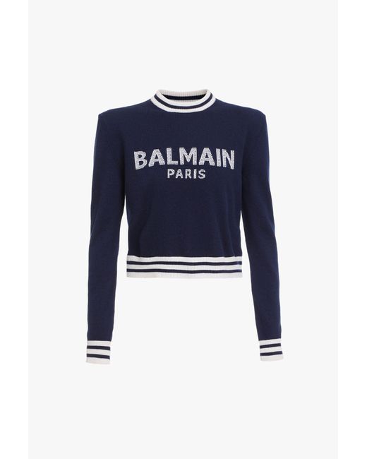 Balmain Cropped Navy Blue Wool And Cashmere Sweater With White Logo - Lyst