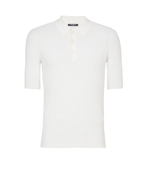 Balmain White Monogram Knit Polo Shirt for men