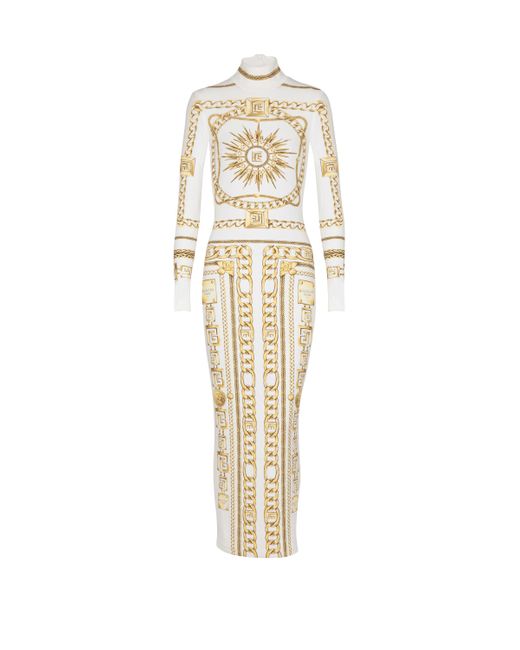 Balmain White Long Printed Bodycon Dress With Foulard Pattern