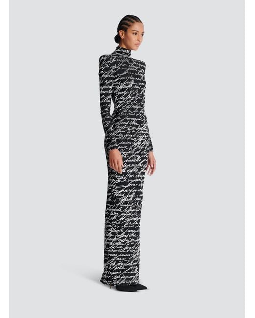 Balmain Black Long "Love Letter" Jacquard Knit Dress