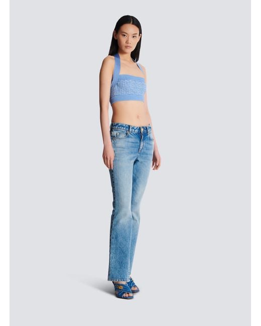 Balmain Blue Knit Halterneck Top With Pb Labyrinth Monogram