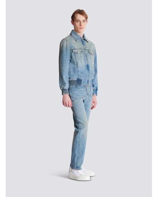Balmain Blue Cropped Lined Denim Jacket for men