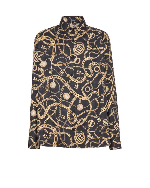 Balmain Gray Printed Silk Shirt With Chaînes Pattern for men