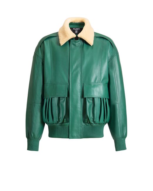 Balmain Green Shearling Leather Bomber Jacket for men