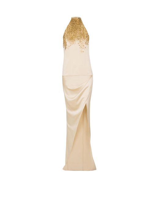 Balmain White Silk Halterneck Dress With Sand Effect Embroidery