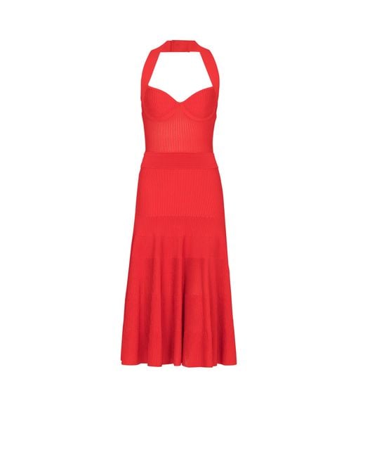 Balmain Red Halterneck Pleated Knit Midi Dress